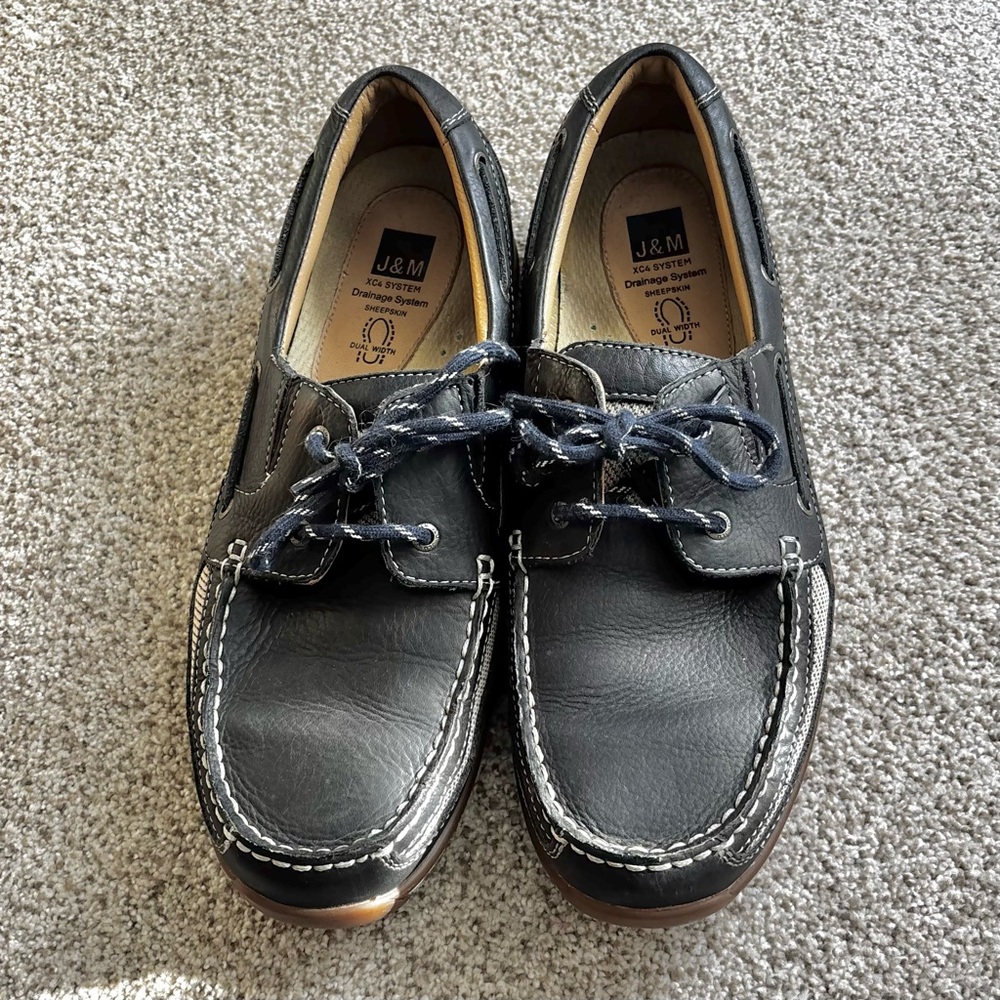 J & M XC4 Navy Blue Leather Boat Shoes Classic Men's Moccasin Loafers w/drainage